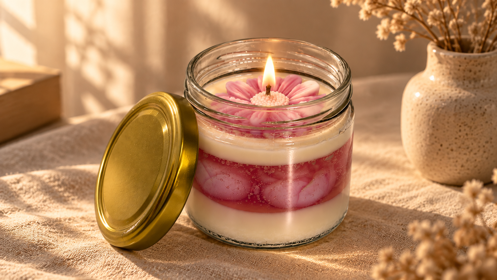 Handmade floral jar candle with pink flower top and layered soy gel wax — TabbyArt scented candle in glass jar with gold lid