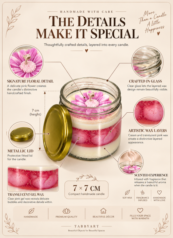 Detailed view of TabbyArt floral jar candle showing signature pink flower topper, artistic cream and pink gel wax layers, clear glass jar and scented experience