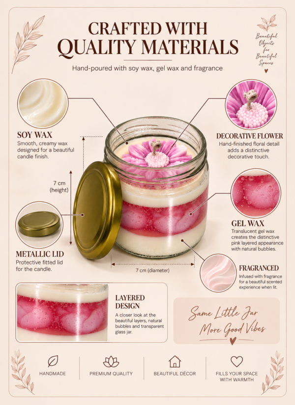 TabbyArt floral jar candle crafted with soy wax, translucent gel wax, decorative pink flower, fragrance and gold metallic lid — 7cm x 7cm compact handmade candle