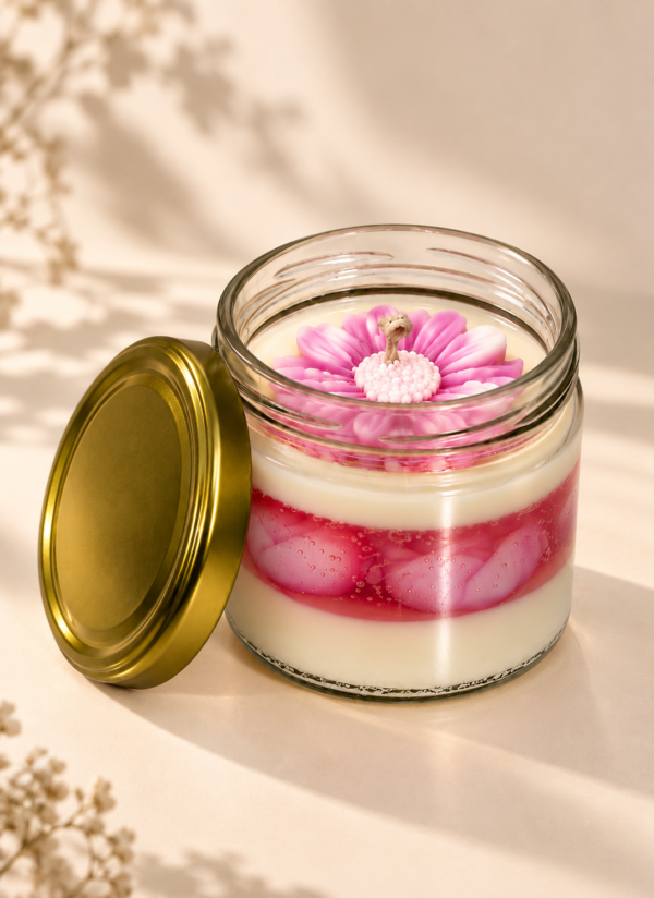 TabbyArt handmade floral jar candle with sculpted pink flower topper layered cream soy wax and translucent pink gel wax in clear glass jar with gold metallic lid
